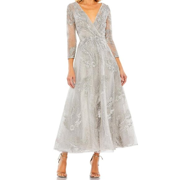 Mac Duggal 20336 Size 8 Silver Embellished Wrap V-Neck 3/4 Sleeve Midi‎ Dress - Picture 2 of 8